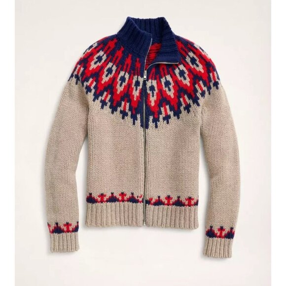 BROOOK BROTHERS Hand Knit Merino Wool Thick Fair Isle Full Zip Sweater XL $348 - Picture 1 of 10